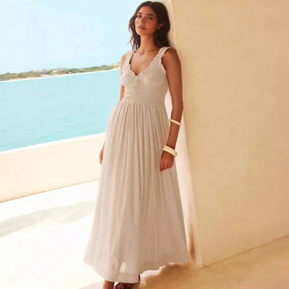 Women Ruffle Strap Smocked V Neck Maxi Dress, Drawstring Waist Flowy Chiffon Vacation Sundress