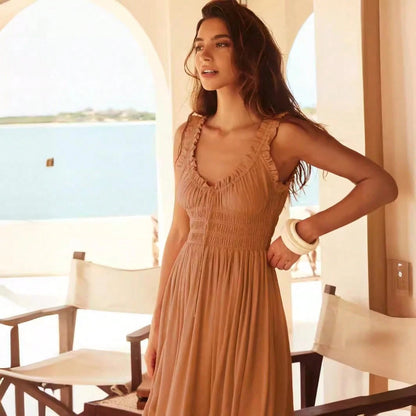 Women Ruffle Strap Smocked V Neck Maxi Dress, Drawstring Waist Flowy Chiffon Vacation Sundress