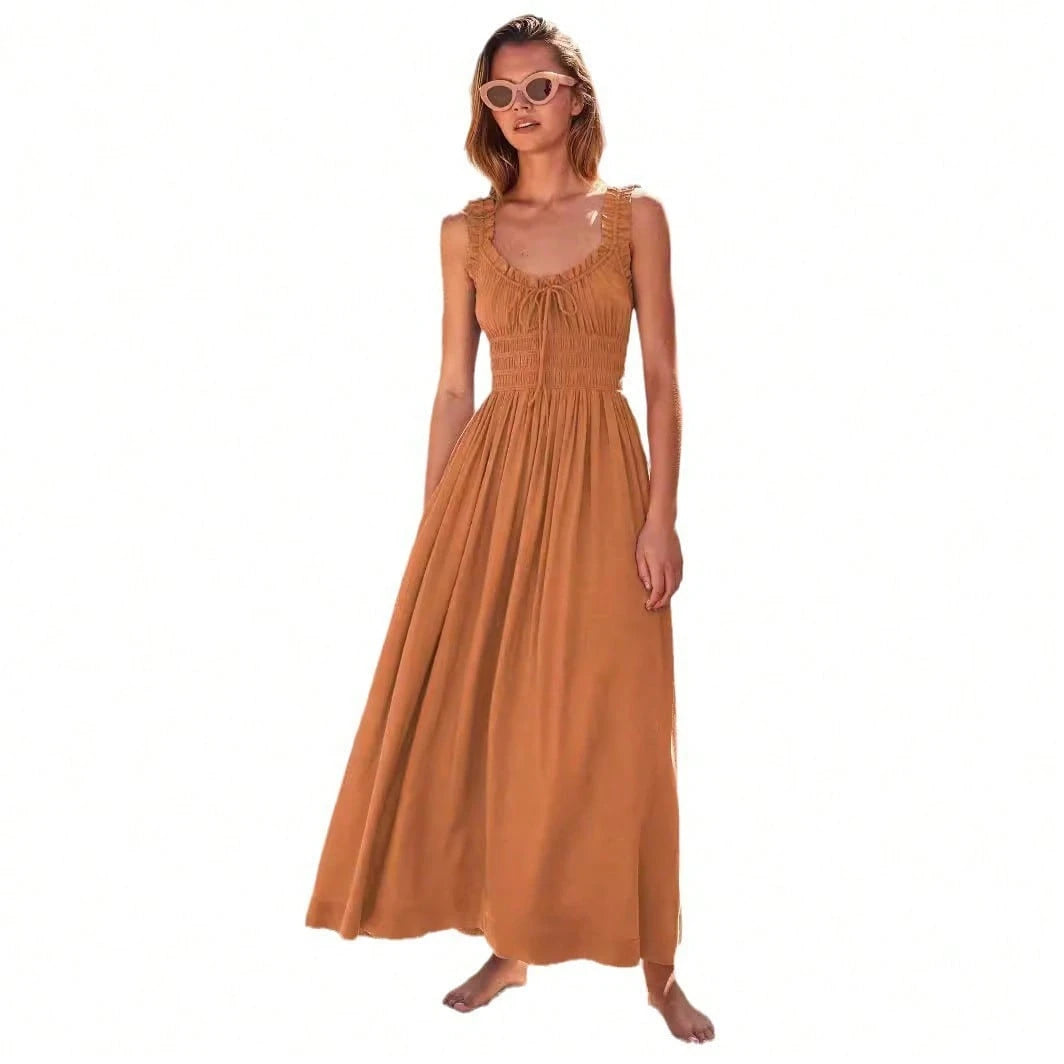 Women Ruffle Strap Smocked V Neck Maxi Dress, Drawstring Waist Flowy Chiffon Vacation Sundress