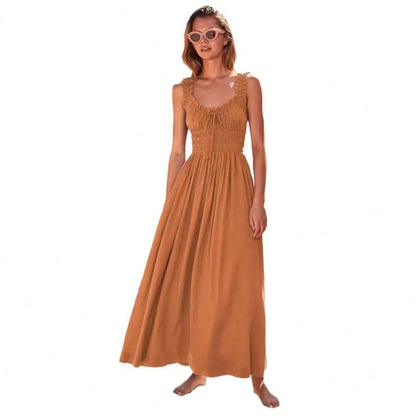 Women Ruffle Strap Smocked V Neck Maxi Dress, Drawstring Waist Flowy Chiffon Vacation Sundress