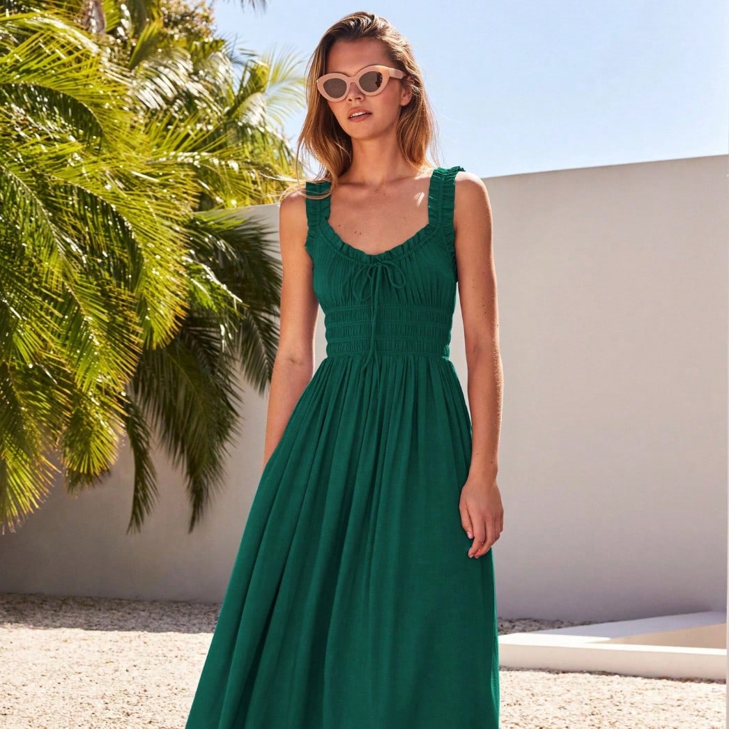 Women Ruffle Strap Smocked V Neck Maxi Dress, Drawstring Waist Flowy Chiffon Vacation Sundress