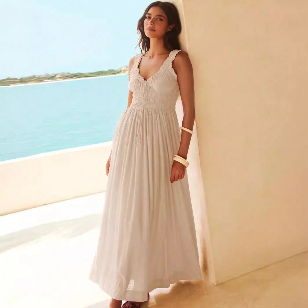 Women Ruffle Strap Smocked V Neck Maxi Dress, Drawstring Waist Flowy Chiffon Vacation Sundress