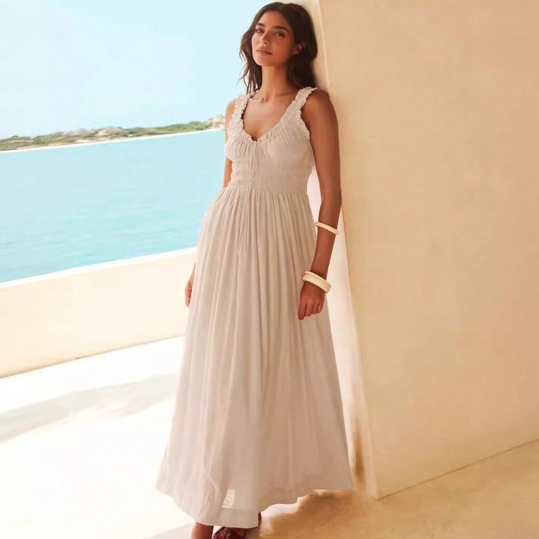 Women Ruffle Strap Smocked V Neck Maxi Dress, Drawstring Waist Flowy Chiffon Vacation Sundress