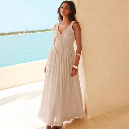 Women Ruffle Strap Smocked V Neck Maxi Dress, Drawstring Waist Flowy Chiffon Vacation Sundress