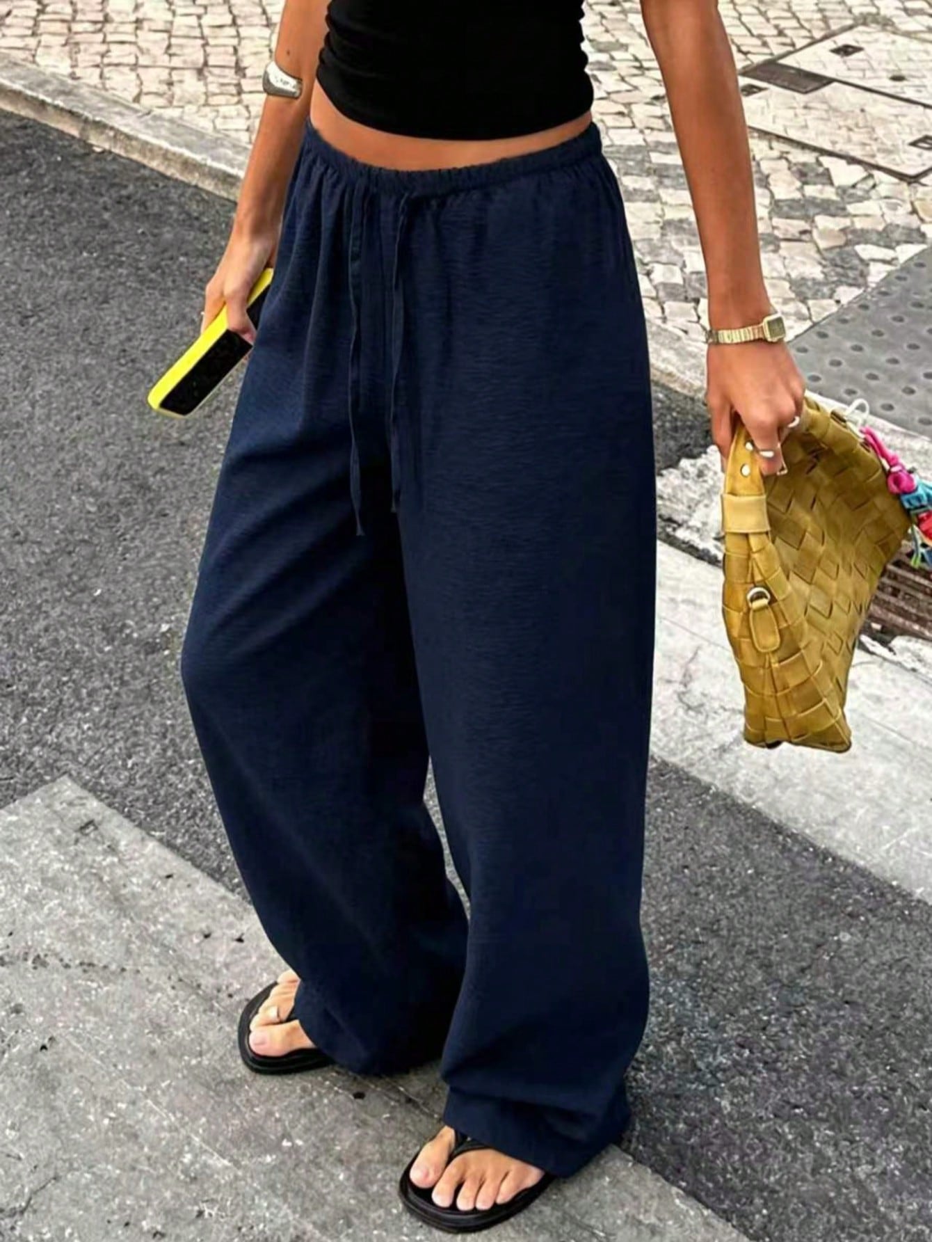 Women's 1pc Linen Style Wide Leg Pants, Elastic Waist High Waist Flowy Loose Long Pants, Spring Summer Autumn Winter Daily Casual Slouchy Comfortable Vacation Essential