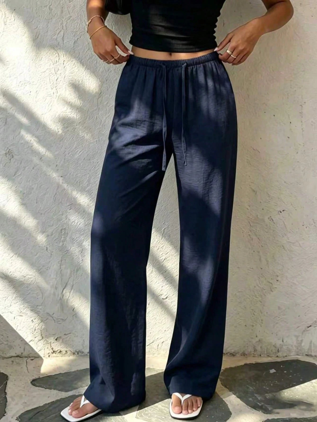 Women's 1pc Linen Style Wide Leg Pants, Elastic Waist High Waist Flowy Loose Long Pants, Spring Summer Autumn Winter Daily Casual Slouchy Comfortable Vacation Essential