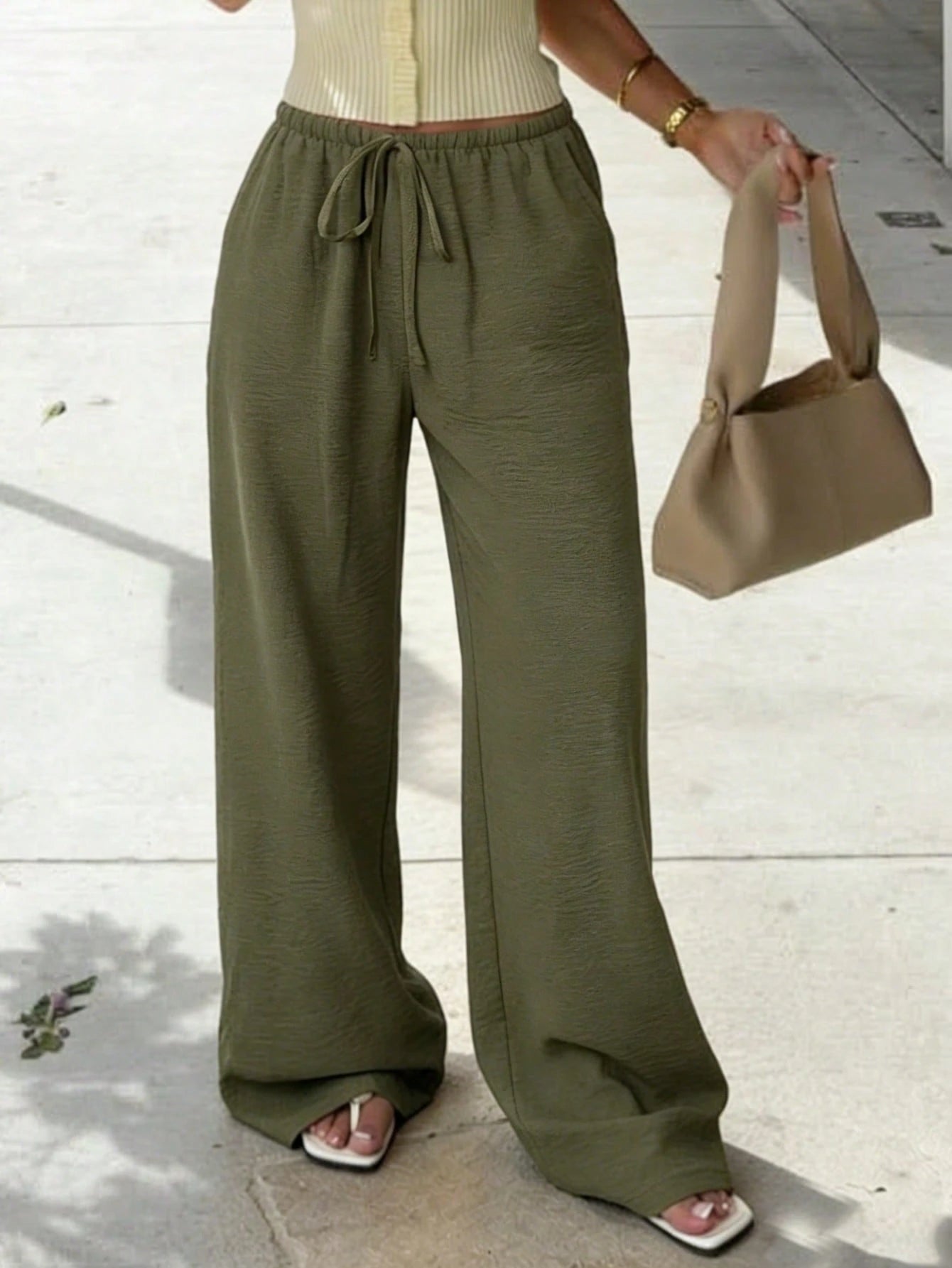 Women's 1pc Linen Style Wide Leg Pants, Elastic Waist High Waist Flowy Loose Long Pants, Spring Summer Autumn Winter Daily Casual Slouchy Comfortable Vacation Essential