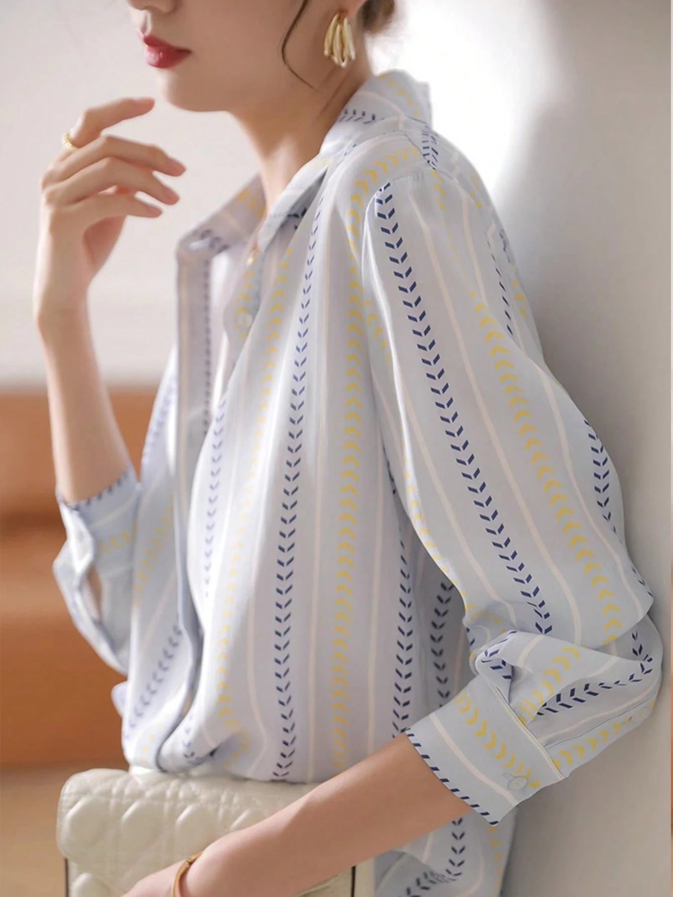 Women's Autumn Striped Front-Open Elegant Blouse, Business Casual Ladies Top, Fashionable Long Sleeve Shirt For Early Autumn