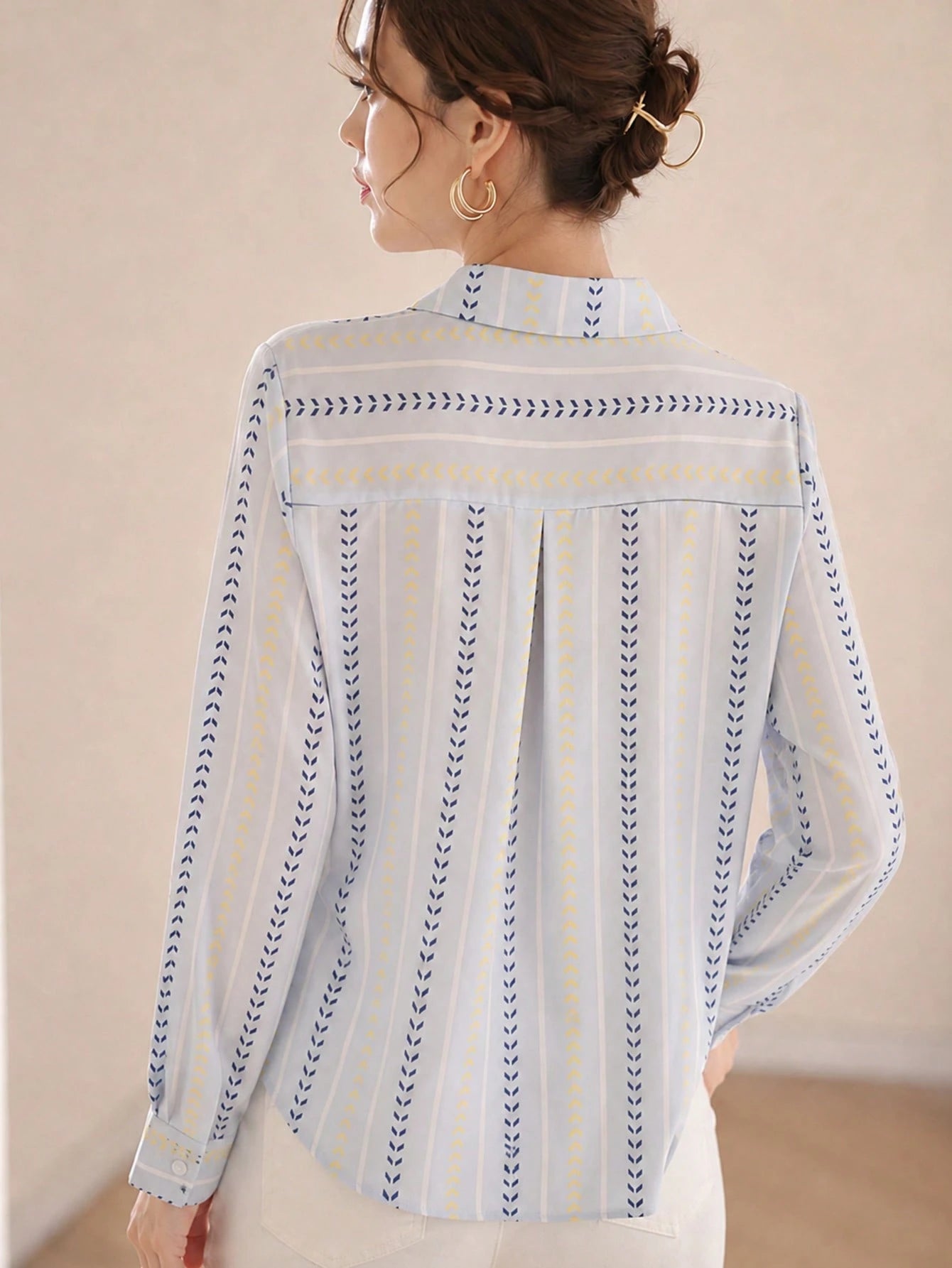 Women's Autumn Striped Front-Open Elegant Blouse, Business Casual Ladies Top, Fashionable Long Sleeve Shirt For Early Autumn