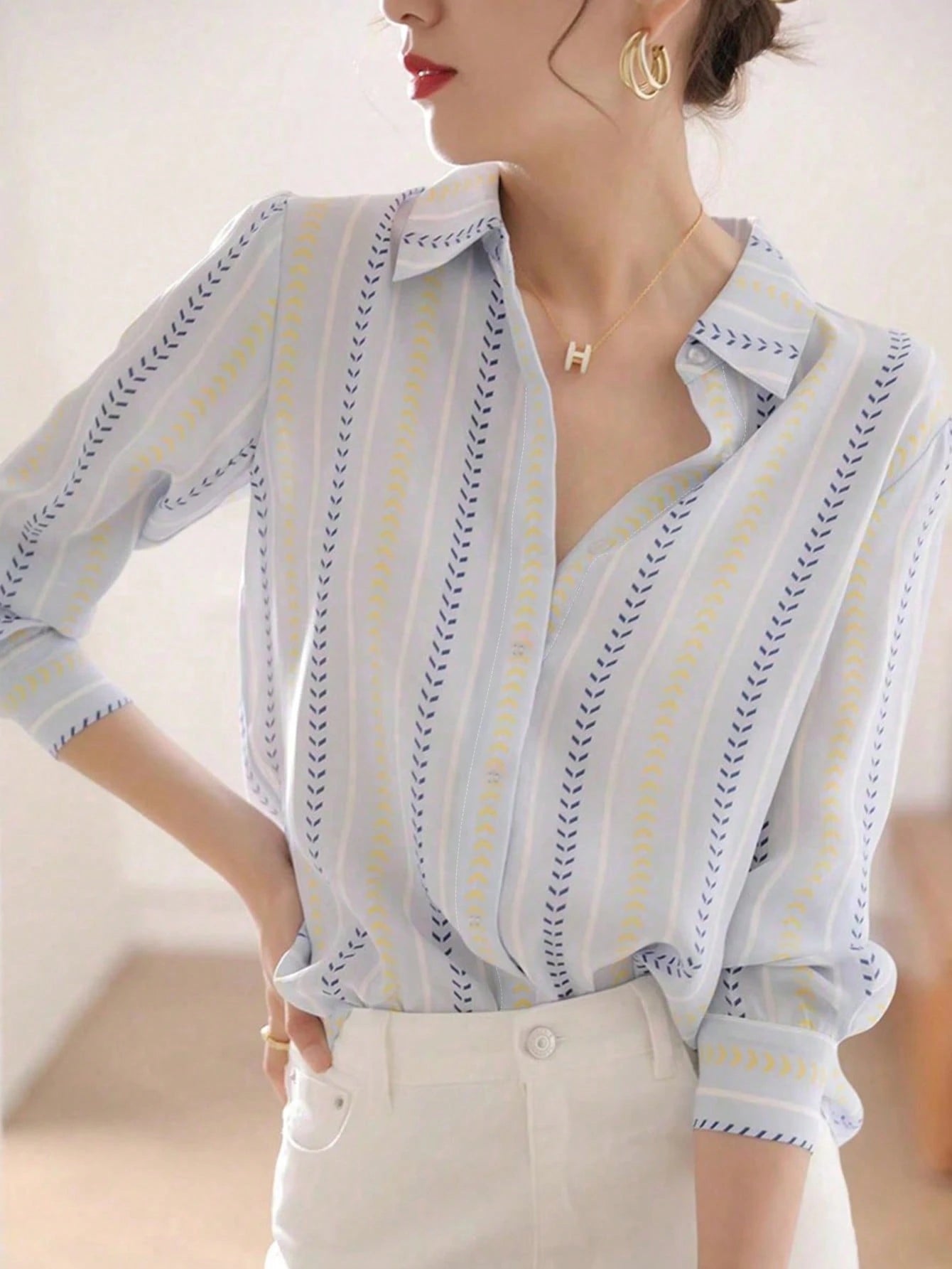 Women's Autumn Striped Front-Open Elegant Blouse, Business Casual Ladies Top, Fashionable Long Sleeve Shirt For Early Autumn