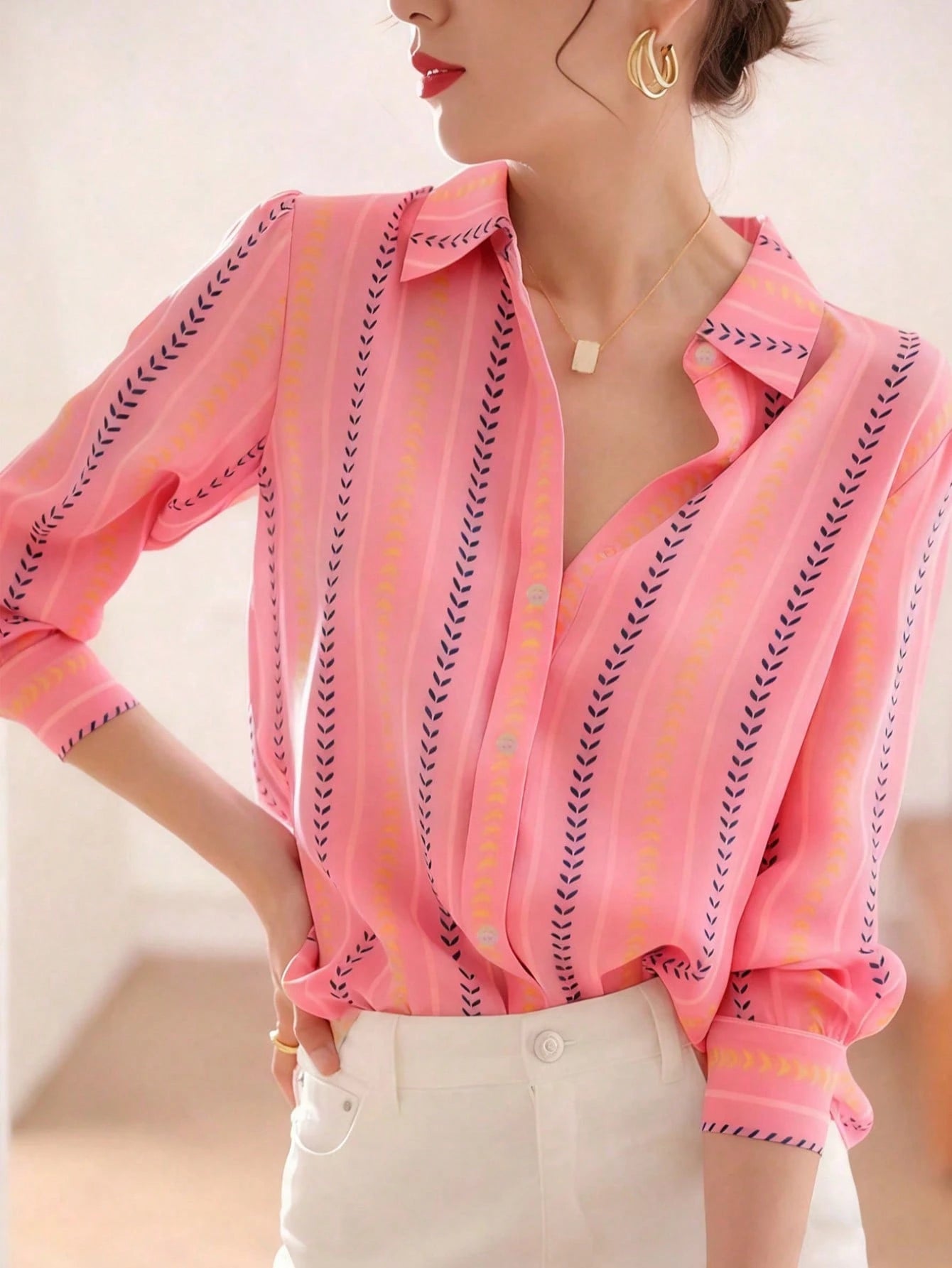 Women's Autumn Striped Front-Open Elegant Blouse, Business Casual Ladies Top, Fashionable Long Sleeve Shirt For Early Autumn