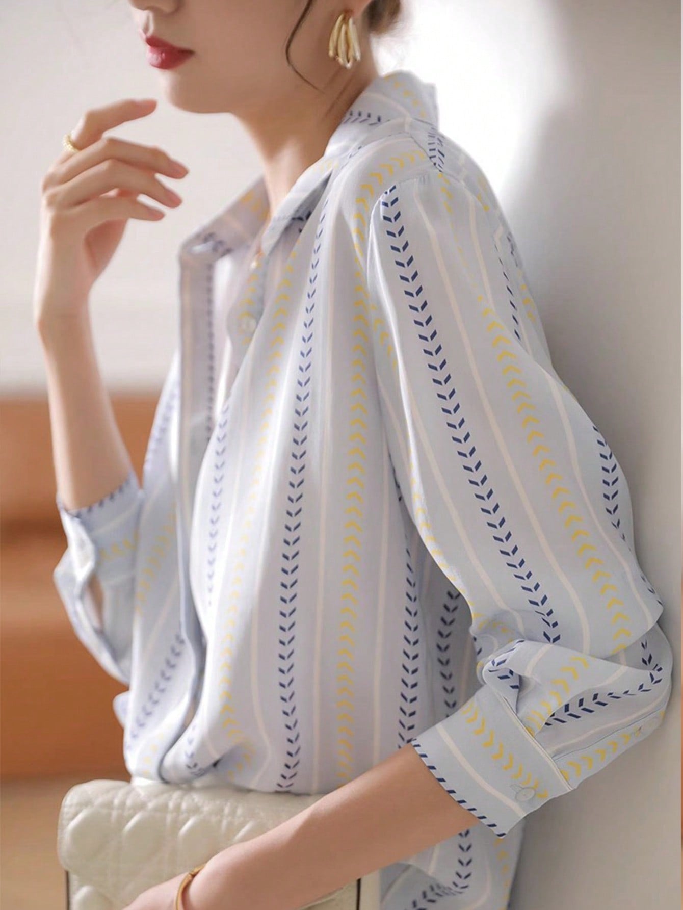 Women's Autumn Striped Front-Open Elegant Blouse, Business Casual Ladies Top, Fashionable Long Sleeve Shirt For Early Autumn