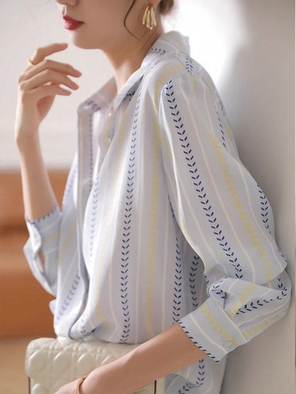 Women's Autumn Striped Front-Open Elegant Blouse, Business Casual Ladies Top, Fashionable Long Sleeve Shirt For Early Autumn