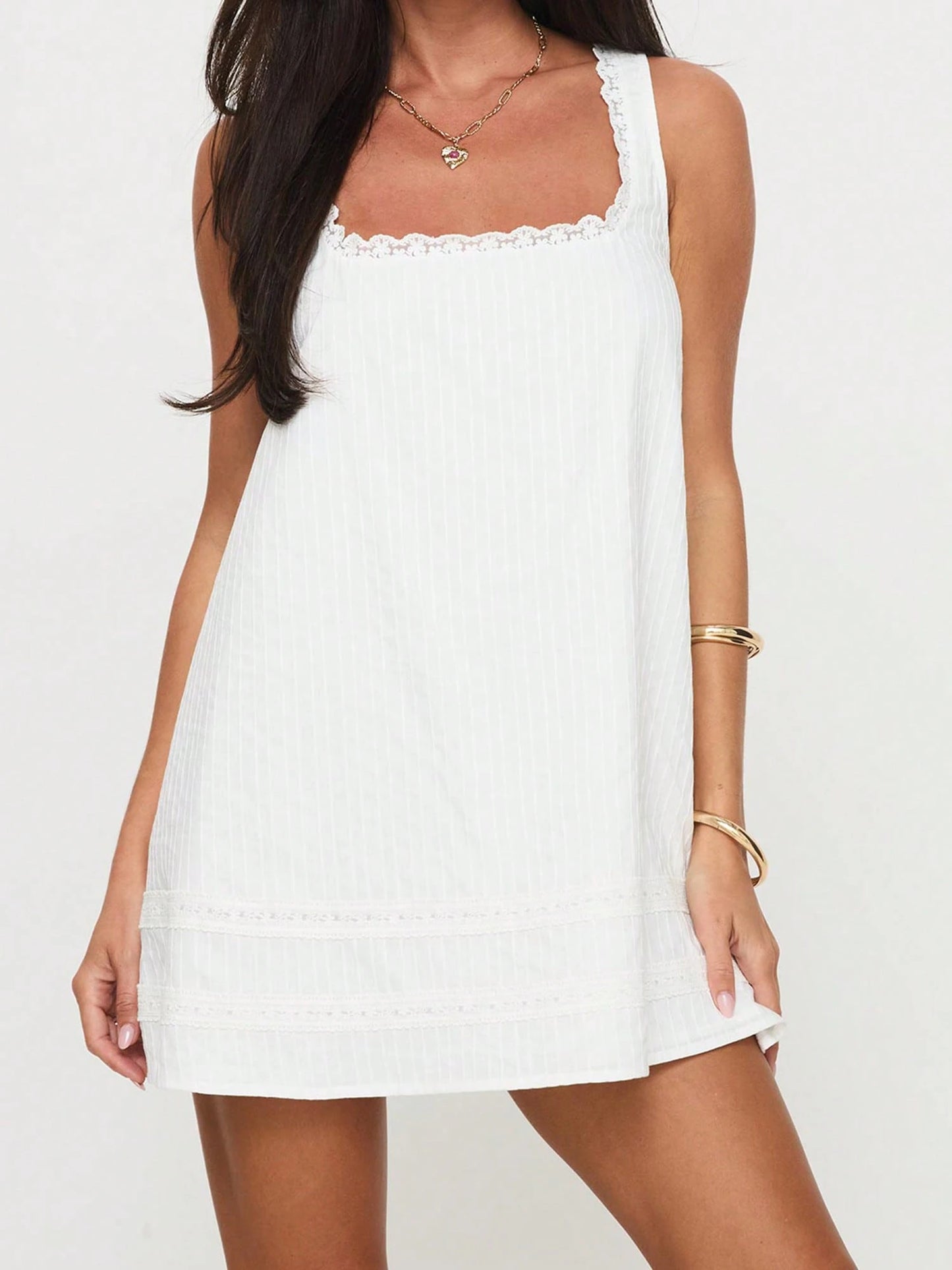Women's Babydoll Mini Dress Y2k Lace Trim Square Neck Loose A Line Dress Aesthetic Sleeveless Flowy Short Sundress Beach Club Party Streetwear