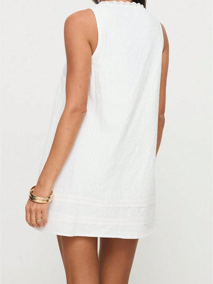 Women's Babydoll Mini Dress Y2k Lace Trim Square Neck Loose A Line Dress Aesthetic Sleeveless Flowy Short Sundress Beach Club Party Streetwear