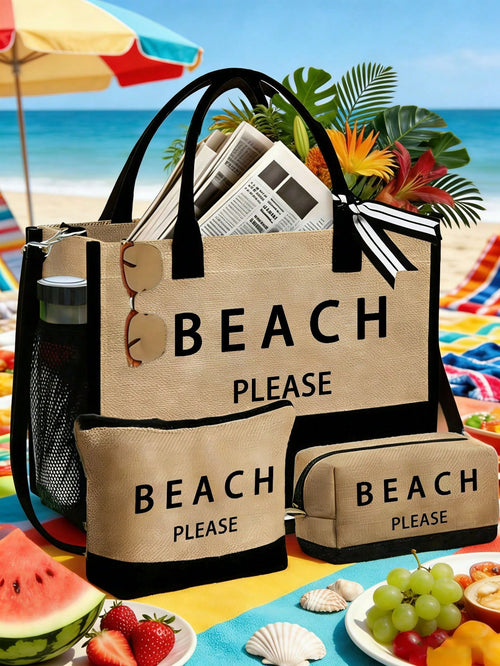 Women's Beach Tote Bag, Beach Accessory Canvas Bag, Suitable For Wedding, Birthday, Holiday, Great Gift For Women, Mom, Teacher, Friend, Bridesmaid, Student, Back To School, Large Bag, Vacation Weeken