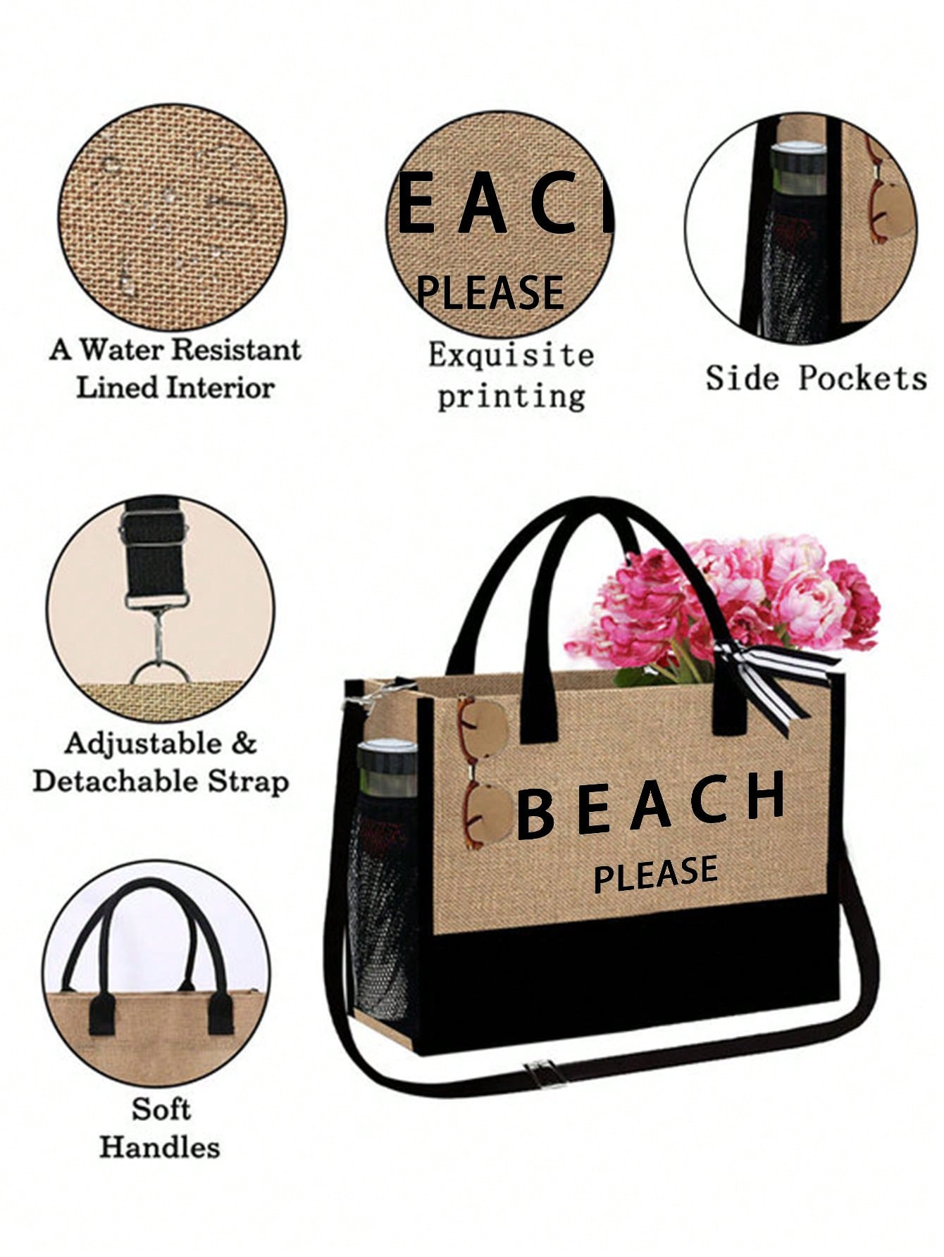 Women's Beach Tote Bag, Beach Accessory Canvas Bag, Suitable For Wedding, Birthday, Holiday, Great Gift For Women, Mom, Teacher, Friend, Bridesmaid, Student, Back To School, Large Bag, Vacation Weeken