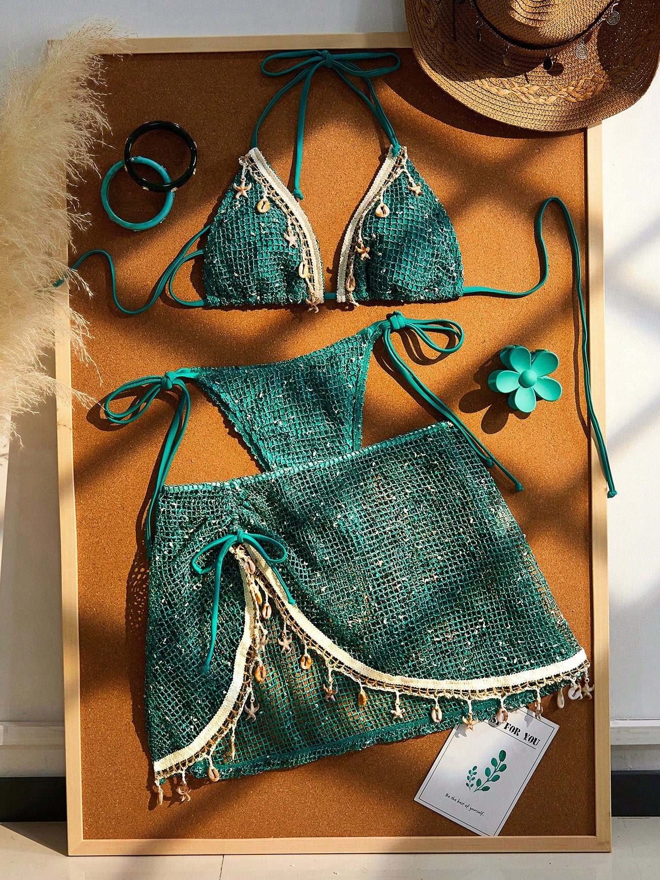 Women's Bikini Set, Bohemian Style Crochet Ribbon & Shell Decor Adjustable Drawstring Vacation Skirt Beach Summer, Resort Wear