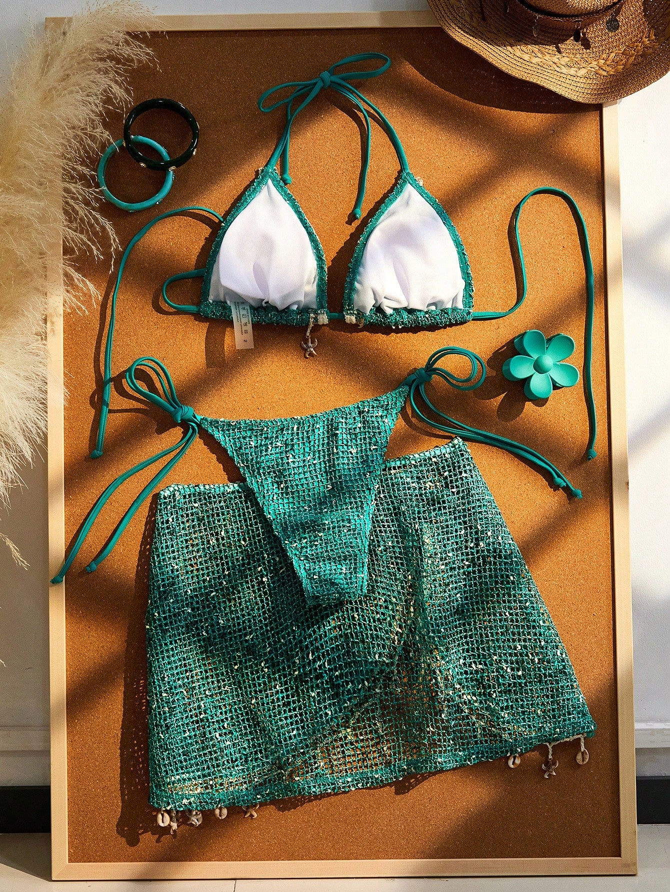 Women's Bikini Set, Bohemian Style Crochet Ribbon & Shell Decor Adjustable Drawstring Vacation Skirt Beach Summer, Resort Wear