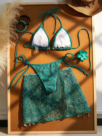 Women's Bikini Set, Bohemian Style Crochet Ribbon & Shell Decor Adjustable Drawstring Vacation Skirt Beach Summer, Resort Wear