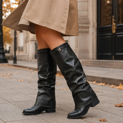 Women's Black Slouchy Knee High Boots, Faux Leather Low Block Heel Western Boots For Fall, Winter & Daily Wear