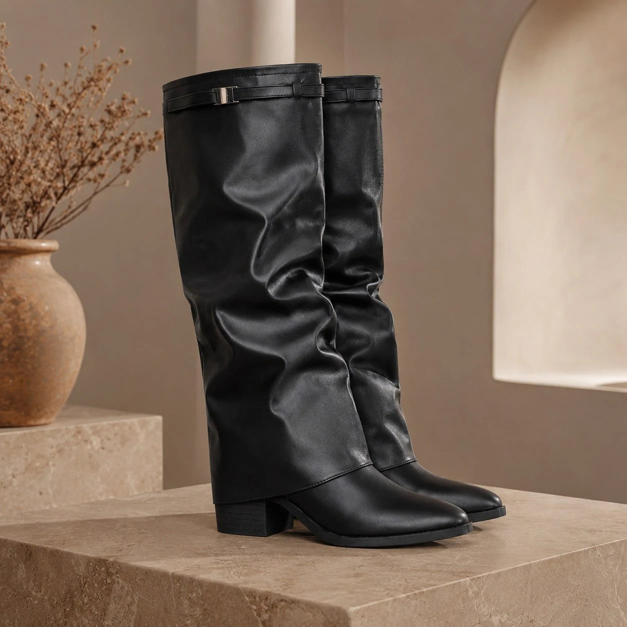 Women's Black Slouchy Knee High Boots, Faux Leather Low Block Heel Western Boots For Fall, Winter & Daily Wear