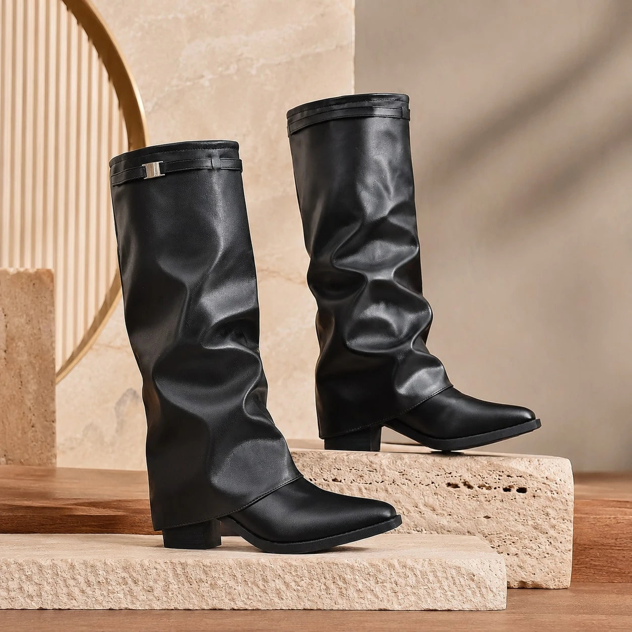 Women's Black Slouchy Knee High Boots, Faux Leather Low Block Heel Western Boots For Fall, Winter & Daily Wear