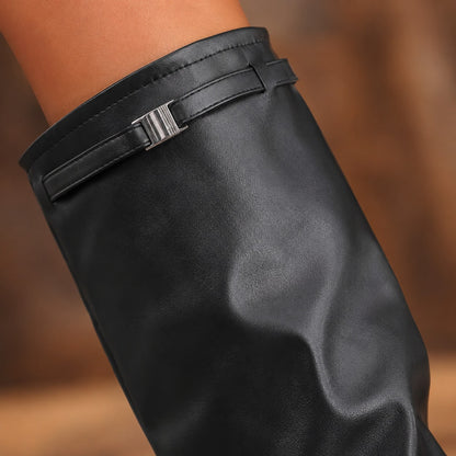 Women's Black Slouchy Knee High Boots, Faux Leather Low Block Heel Western Boots For Fall, Winter & Daily Wear