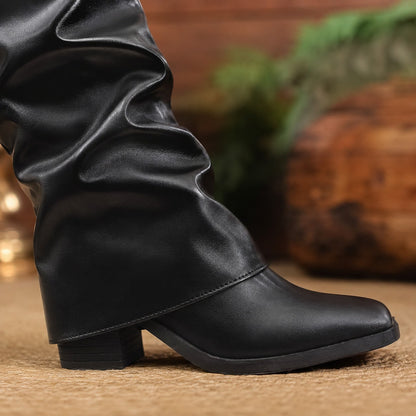 Women's Black Slouchy Knee High Boots, Faux Leather Low Block Heel Western Boots For Fall, Winter & Daily Wear