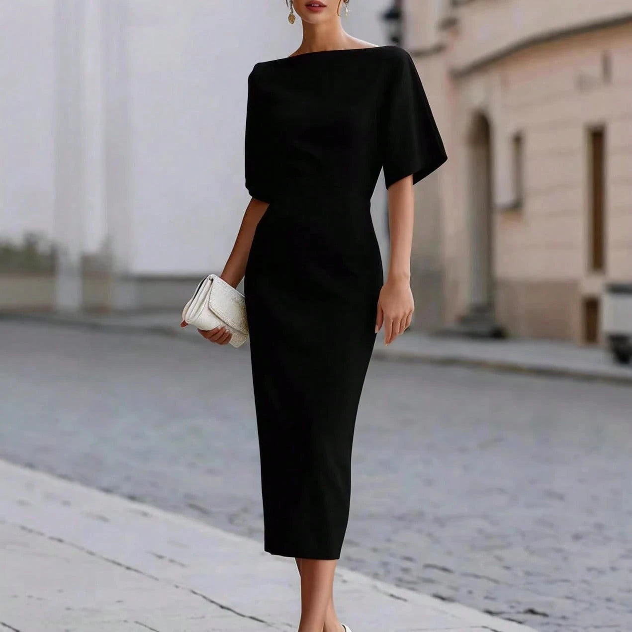 Women's Boat Neck Short Sleeve Midi Dress, Form-Fitting Minimalist Elegant Dress, Formal Bridal Cocktail Special Occasion Outfit