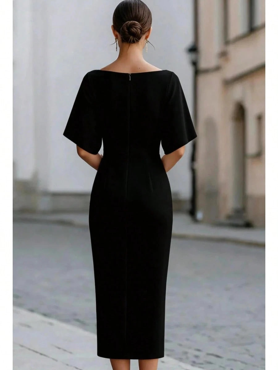 Women's Boat Neck Short Sleeve Midi Dress, Form-Fitting Minimalist Elegant Dress, Formal Bridal Cocktail Special Occasion Outfit