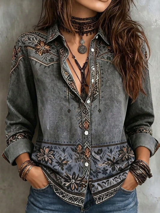 Women's Bohemian Floral Print Shirt, Long Sleeve Lapel Collar Top, Suitable For Autumn Wear, Long Woven Fabric Top, Unique Details