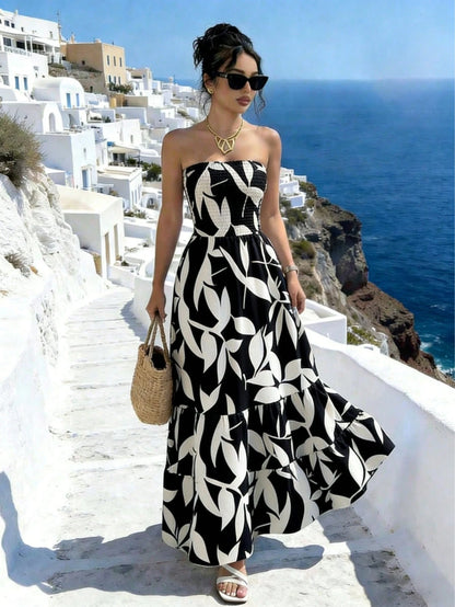 Women's Bohemian Style Leaf Print Strapless Dress, Ruched Tiered Flowy A-Line Long Dress Summer Elegant Vacation Black