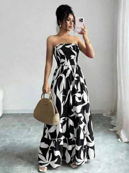 Women's Bohemian Style Leaf Print Strapless Dress, Ruched Tiered Flowy A-Line Long Dress Summer Elegant Vacation Black