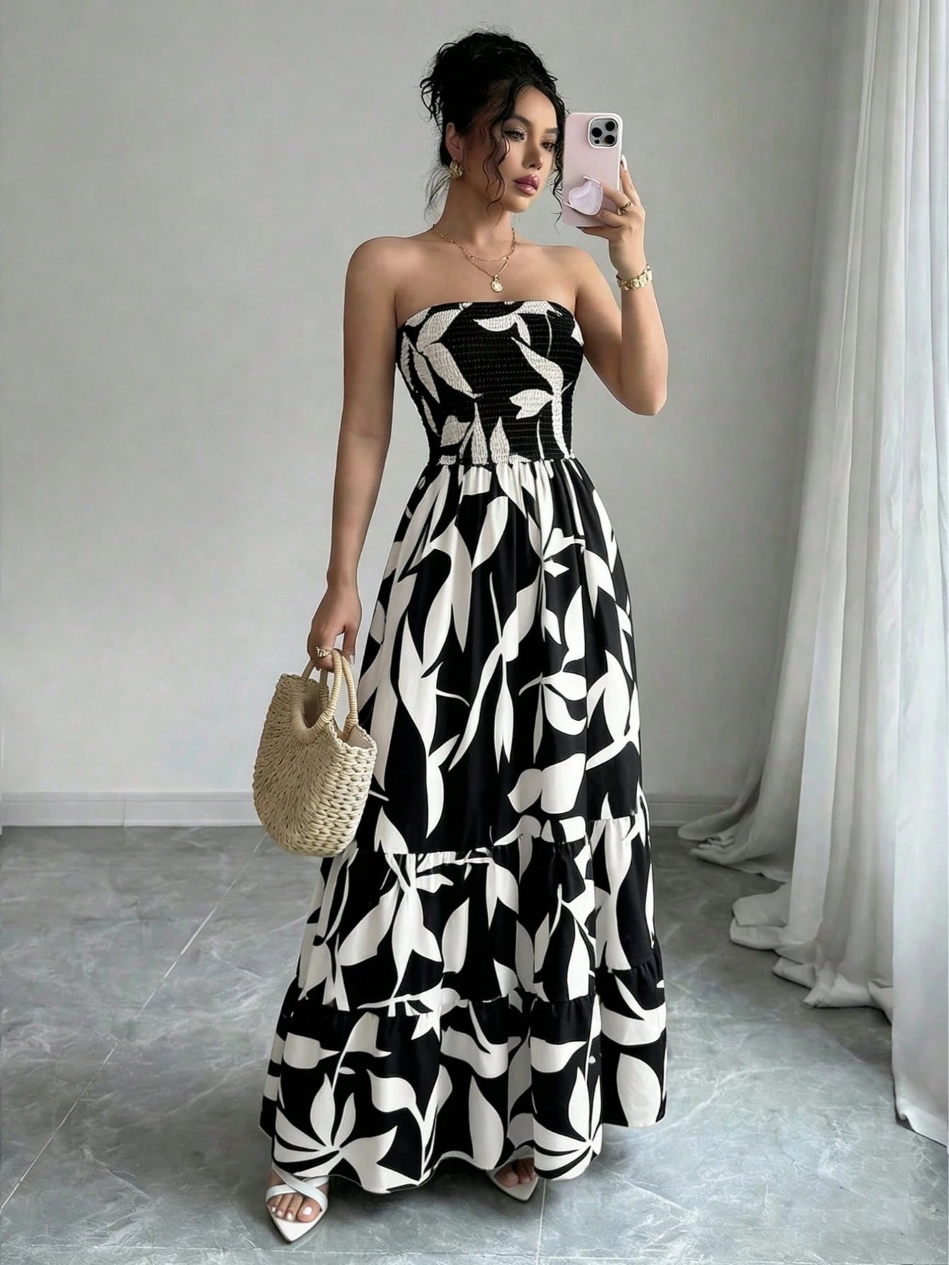 Women's Bohemian Style Leaf Print Strapless Dress, Ruched Tiered Flowy A-Line Long Dress Summer Elegant Vacation Black