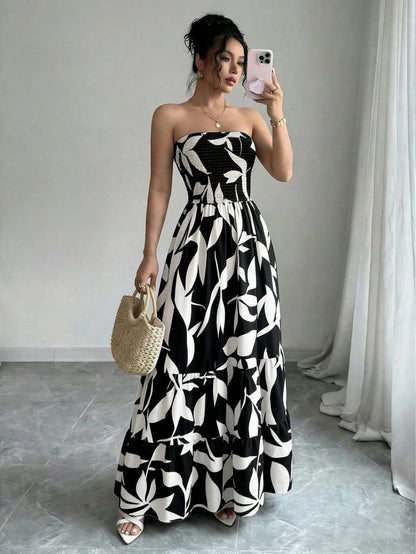 Women's Bohemian Style Leaf Print Strapless Dress, Ruched Tiered Flowy A-Line Long Dress Summer Elegant Vacation Black