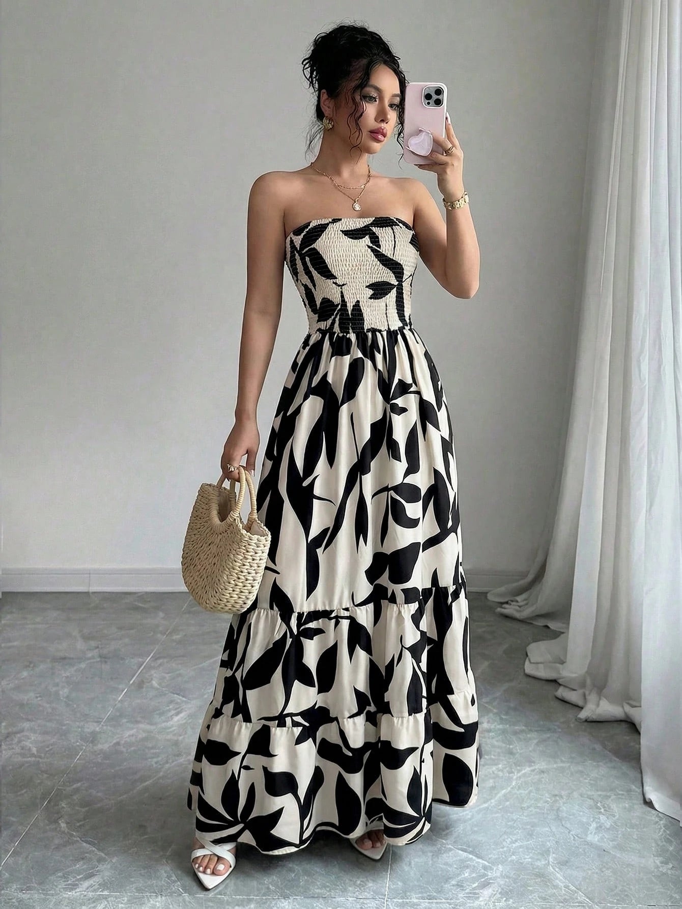 Women's Bohemian Style Leaf Print Strapless Dress, Ruched Tiered Flowy A-Line Long Dress Summer Elegant Vacation Black