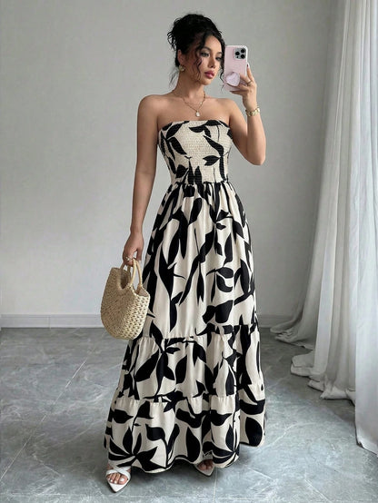 Women's Bohemian Style Leaf Print Strapless Dress, Ruched Tiered Flowy A-Line Long Dress Summer Elegant Vacation Black