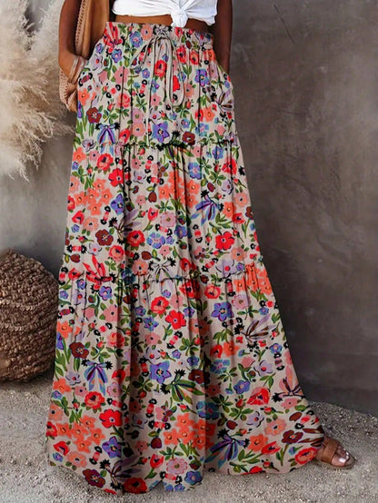 Women's Bohemian Style Maxi Skirt, Made Of Woven Fabric With Floral Print, Layered Ruffle Hem Design, Casual & Elegant Summer
