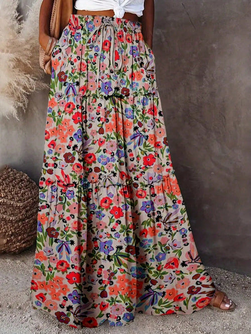 Women's Bohemian Style Maxi Skirt, Made Of Woven Fabric With Floral Print, Layered Ruffle Hem Design, Casual & Elegant Summer