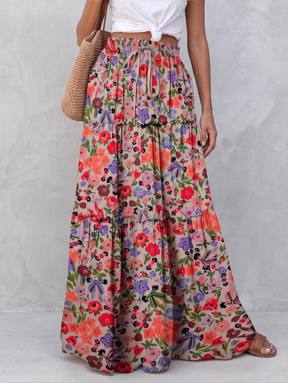 Women's Bohemian Style Maxi Skirt, Made Of Woven Fabric With Floral Print, Layered Ruffle Hem Design, Casual & Elegant Summer