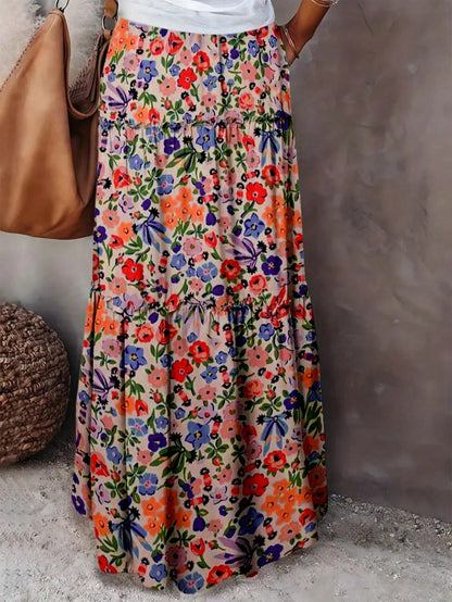 Women's Bohemian Style Maxi Skirt, Made Of Woven Fabric With Floral Print, Layered Ruffle Hem Design, Casual & Elegant Summer