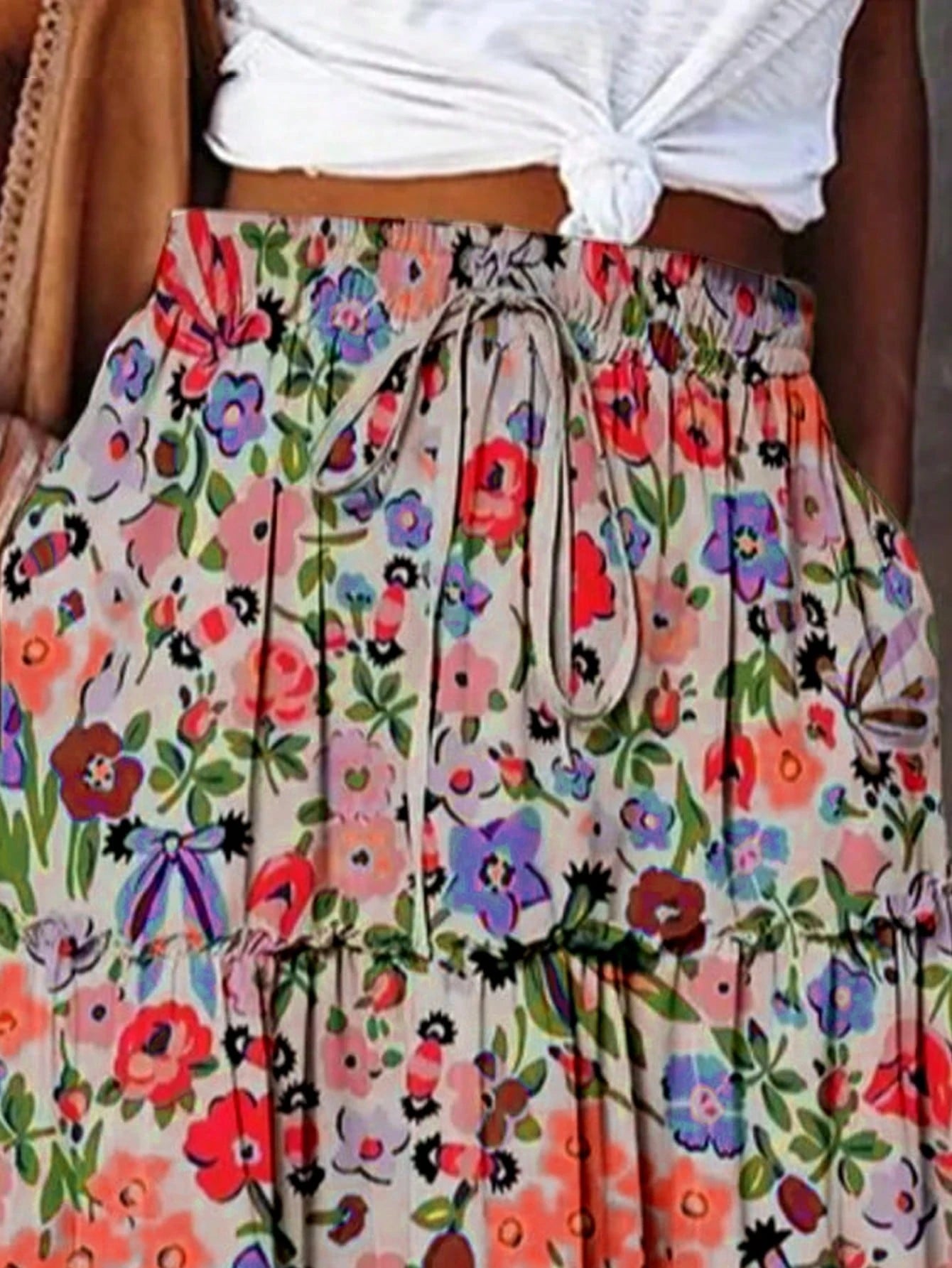 Women's Bohemian Style Maxi Skirt, Made Of Woven Fabric With Floral Print, Layered Ruffle Hem Design, Casual & Elegant Summer