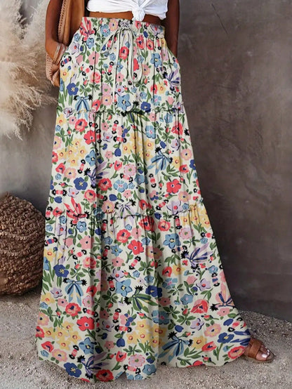 Women's Bohemian Style Maxi Skirt, Made Of Woven Fabric With Floral Print, Layered Ruffle Hem Design, Casual & Elegant Summer