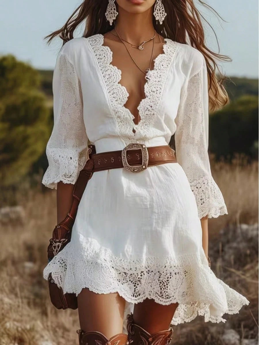 Women's Boho Lace Trim Dress, V-Neck 3/4 Sleeve Flowy Mini Dress For Western & Festival Outfits