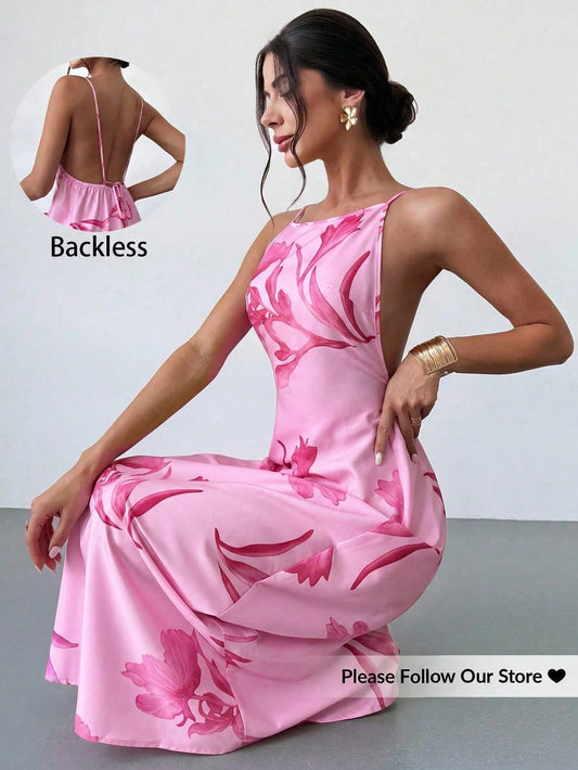 Women's Brown And White Polka Dot Summer Seductive Holiday Vacation Backless Spaghetti Strap Loose Hawaiian Sundress,Elegant Beach Party Dress