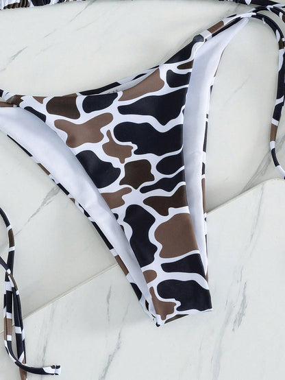 Women's Brown & Black Cow Print Bikini Set, Triangle Strap Sliding Cup Adjustable Tie Top & Side Tie Low Waist High Cut Sexy Summer Swimwear Vacation Beach