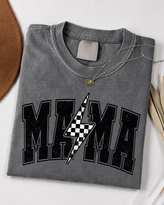 Women's Casual Cotton Round Neck Short Sleeve T-Shirt With 'Mama' Lightning Bolt Graphic, High Stretch Fabric Streetwear Top