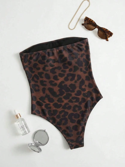 Women's Casual Elegant Sexy Leopard Print Beach Vacation Date Party Strapless One-Piece Swimsuit, Spring/Summer, Resort Wear
