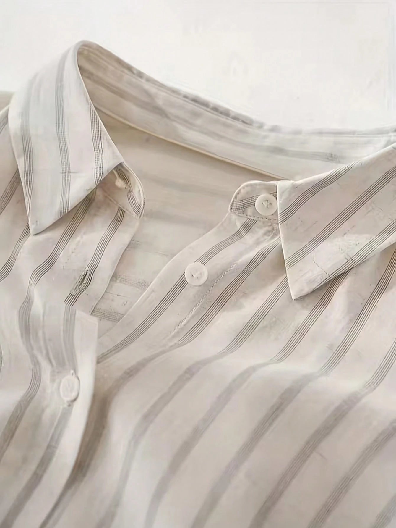 Women's Casual Fashion Summer Striped Polyester Shirt With Button Front Collar, Short Sleeve Batwing Design And Regular Length With Front Short White